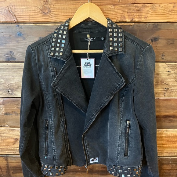 The Beatles One-of-a-Kind Max Jeans Custom Black Metal-Studded Bomber Jacket - Picture 2 of 8